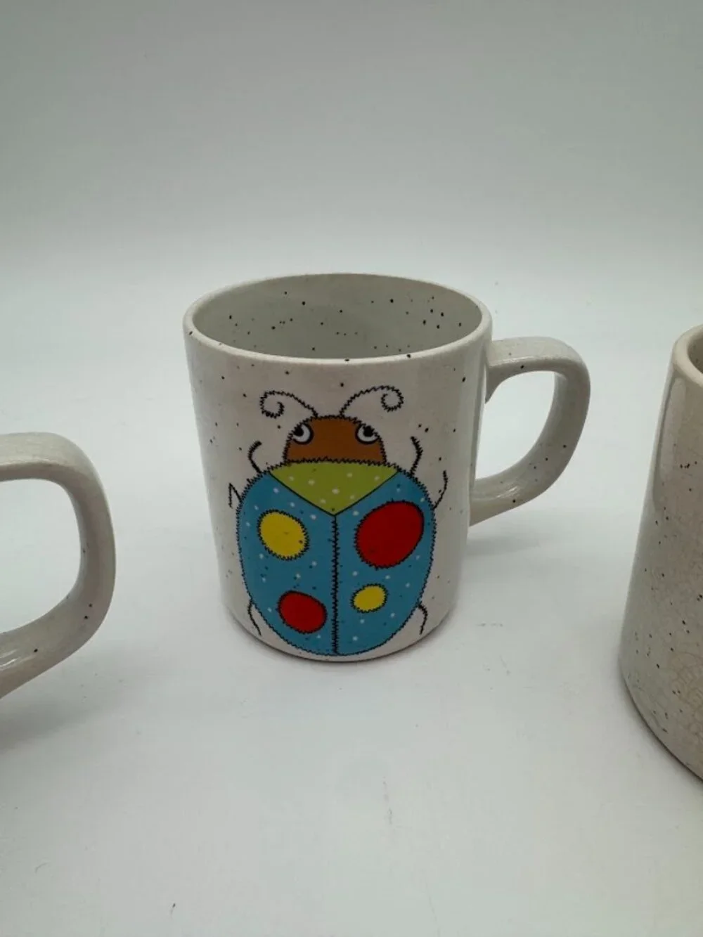 Vintage 1970s Speckled Stoneware Mug Set of 3 Owl Ladybug Bunny Retro Kitsch